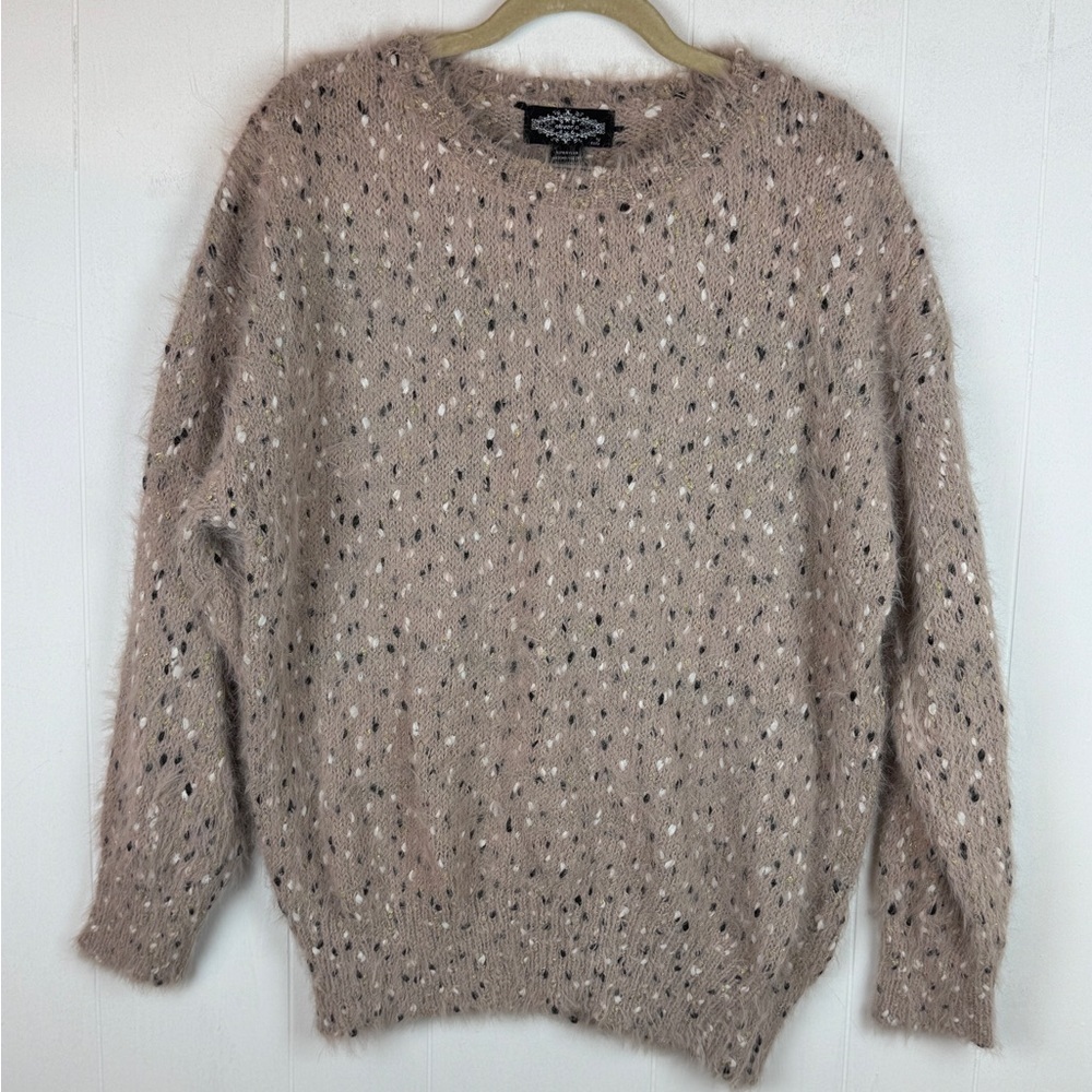 Fuzzy Crew Neck Sweater with Gold Metallic Accent Open-Knit Pattern Size L